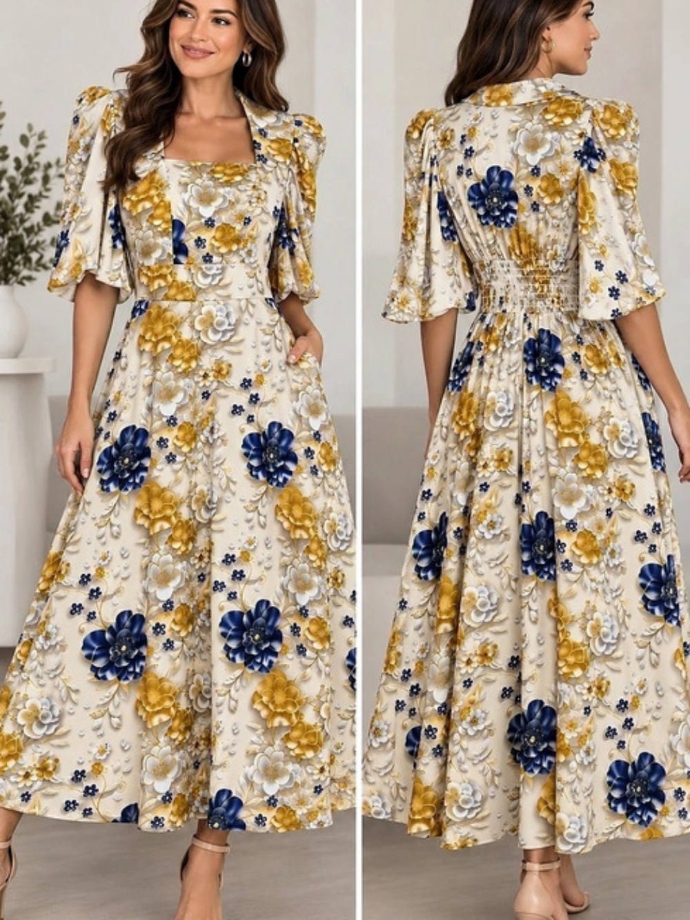 MUT Designs Floral Maxi Dress Cream Blue & Gold 3/4 Sleeve Pockets